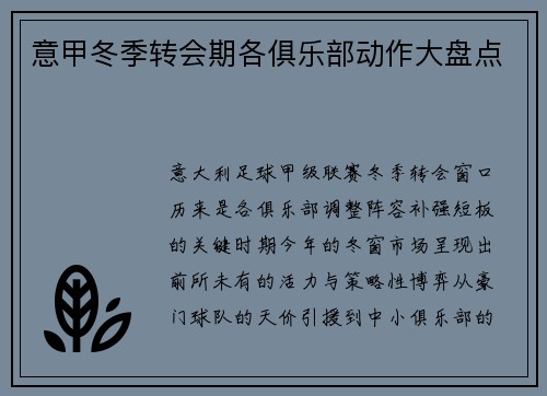 意甲冬季转会期各俱乐部动作大盘点