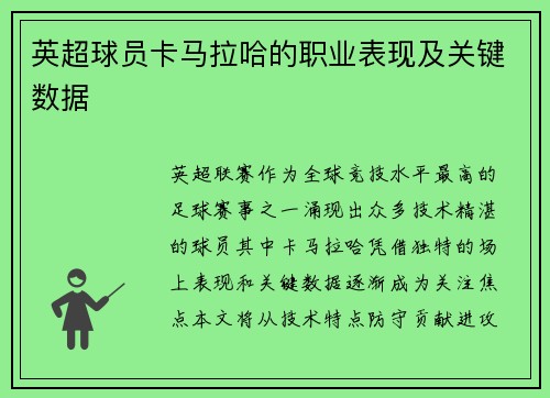 英超球员卡马拉哈的职业表现及关键数据